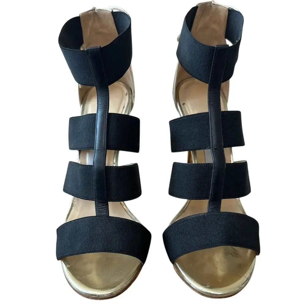 Jimmy Choo Dario Black Ladder Strap Gold Heel Sandals‎ Size US 8, IT 38